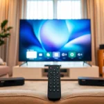 Iptv Deutschland - Modern IPTV setup in a cozy living room with sleek devices.