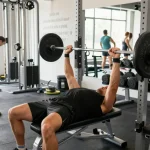 Sportler führt Bankdrücken in einem hellen Fitnessstudio aus, betont Hingabe und Stärke im Anabolika Shop Deutschland.