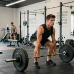 Bodybuilder lifting weights in Anabolika Shop gym setting with intense focus and motivational quotes.