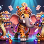 Experience the thrilling Tai xiu game with vibrant elements, featuring a cartoon maharaja and slot symbols.