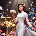 Win big with cm88 as an elegant Asian woman poses gracefully in a vibrant gambling-themed 3D underwater scene.