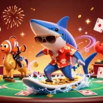 Eine ansprechende Szene, die ein Paysafe Card Casino zeigt, mit einem Hai, der auf Goldmünzen surft, und aufregenden Spielelementen.