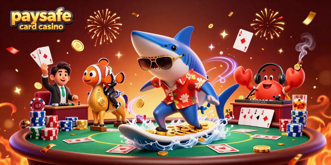 Eine ansprechende Szene, die ein Paysafe Card Casino zeigt, mit einem Hai, der auf Goldmünzen surft, und aufregenden Spielelementen.