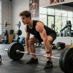 Kraftsportler, der in einem modernen Fitnessstudio Kreuzheben macht und seine leistungssteigernde Reise mit Steroidshop-Produkten zeigt.