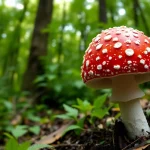 Entdecken Sie fliegenpilz pulver in seiner natürlichen Umgebung mit leuchtend roten Hüten und grünen Blättern.