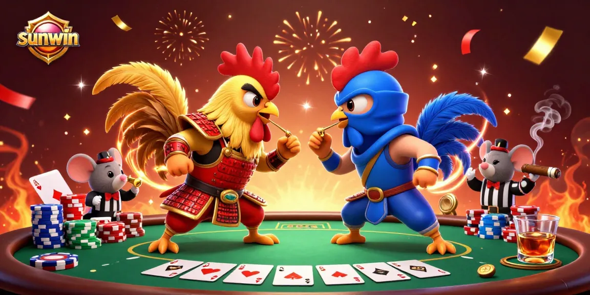 Win big at Sunwin with an epic showdown between roosters amidst a vibrant casino scene.