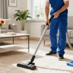 Expert technician from reinigungsfirma solothurn cleaning bright living room with vacuum.