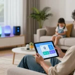 Engaging Homey Pro 2026 test scene showcasing smart home control features and user interaction.