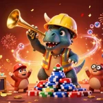 Celebrate casino winnings with GG 88 as a cartoon triceratops builds a poker chip pyramid amidst dazzling underwater treasures.