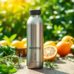 Evodrop - innovativer Trinkbehälter umgeben von frischen Früchten und Kräutern.