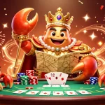 Play exciting games at Au88 DM with vibrant chips and a regal crab emperor in a captivating casino scene.