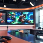 Spannende Games News in einem modernen Newsroom mit dynamischen Spielszenen.