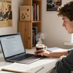 Engaging online quiz experience showcasing Quiz Allgemeinwissen in a cozy study with educational materials and warm lighting.