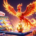 Engage with the thrilling world of fly888, featuring a majestic phoenix and vibrant casino elements.
