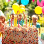 Feierliche Kindergeburtstag 4 Jahre mit buntem Kuchen und fröhlichen Kindern.