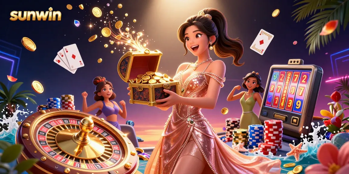 Play thrilling games at Sunwin, showcasing an exciting treasure trove of gold and gems.