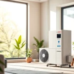 Die wärmepumpe bosch effizient in einem modernen Wohnzimmer installiert zeigt, wie Energie gespart wird.