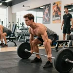 Anabolika Shop: Bodybuilder beim Deadlifttraining in moderner Fitnessumgebung.
