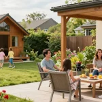 Gartenhäuser im Garten mit Familie, Kinder spielen, entspannte Atmosphäre
