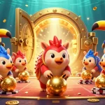 Tai xiu pangolins compete in a vibrant casino setting, rolling dice amidst gold and jewels.