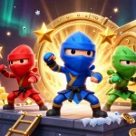 TG88's ninja chameleon team showcases synchronized martial arts among treasures in a vibrant casino scene.