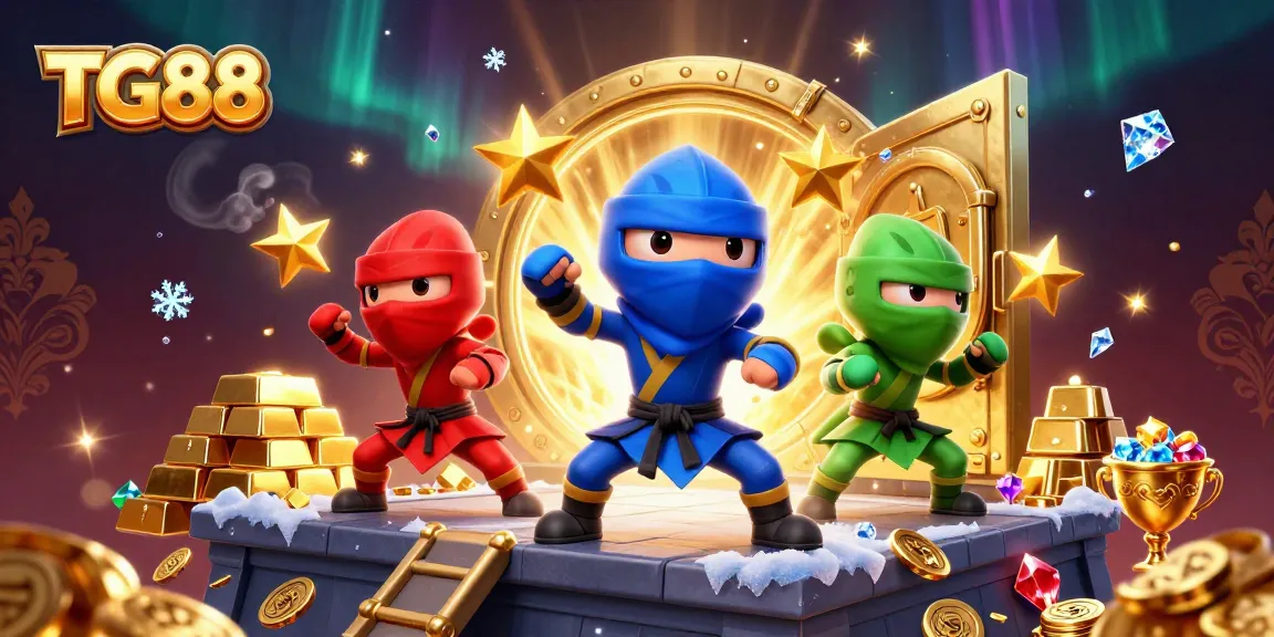 TG88's ninja chameleon team showcases synchronized martial arts among treasures in a vibrant casino scene.