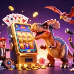 Catch golden coins with bong da lu as the pachycephalosaurus interacts with a slot machine.