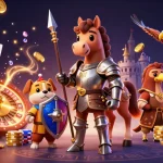 Play big with rokok88 login in this vibrant 3D scene featuring knights and gaming elements.