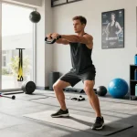 Whey Protein kaufen during intense gym workout with kettlebell and sunlight streaming through windows.