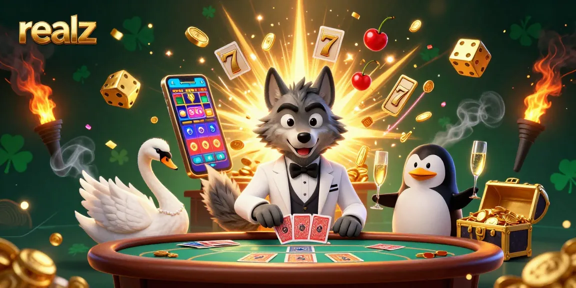 Experience thrilling gameplay at realz casino with a debonair wolf, elegant swan, and sophisticated penguin amidst exploding jackpots.