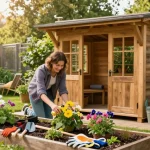 Attraktives Gartenhaus aus Holz umgeben von blühenden Pflanzen und Gartenwerkzeugen, das eine einladende Atmosphäre schafft.