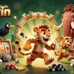 Cổng game bài đổi thưởng Sunwin showcases a dynamic prehistoric casino scene with characters and crypto elements.