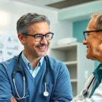 Gesundheitsexperte erklärt wichtige Aspekte der driada medical zu einem Patienten, um Vertrauen aufzubauen.
