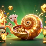 LUCK8 gaming illustration with a giant nautilus roulette wheel and vibrant casino symbols