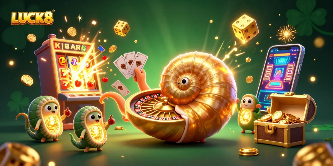 LUCK8 gaming illustration with a giant nautilus roulette wheel and vibrant casino symbols