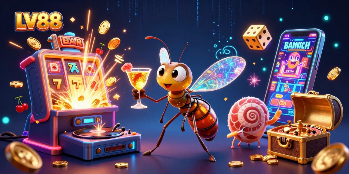 Experience thrilling gameplay at LV88 with a vibrant scene featuring a slot machine and unique casino mascots.