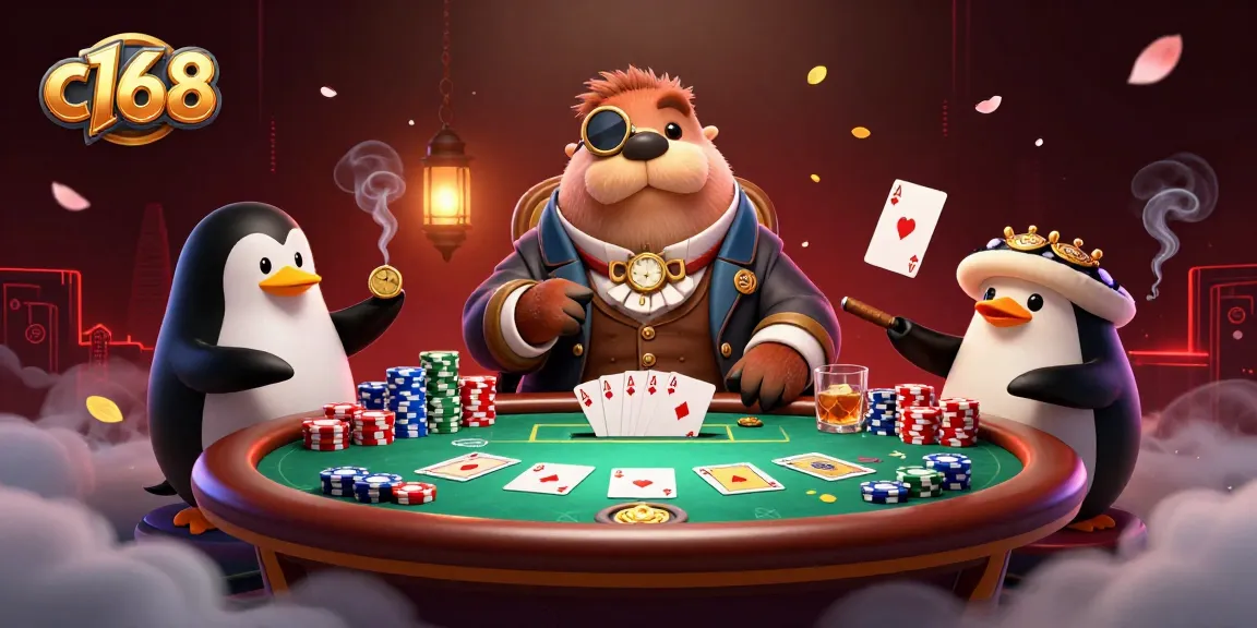 Experience thrilling poker action with the c168 walrus, penguin dealer, and bluffing pufferfish in a vibrant underwater scene.