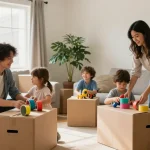Umzugsunternehmen Darmstadt hilft Familien beim stressfreien Umzug mit Kartons und freundlicher Atmosphäre.