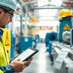 DGUV V3 Prüfung in action during a safety inspection with engineers analyzing machinery.