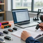 Ein Techniker überprüft Notschlüssel und Lösungen für Autoschlüssel in einer modernen Werkstatt, bitte schön für Autoteile.