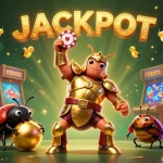 dn88 illustrates a vibrant gaming scene with a heroic beetle celebrating a jackpot with 3D casino elements.