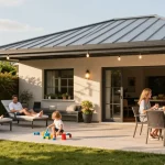 Gemütliche Terrasse mit Terrassenüberdachungen, auf der Familie entspannt und spielt.