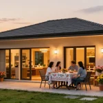 Terrassenüberdachung freistehend mit Familienessen im Garten bei Sonnenuntergang