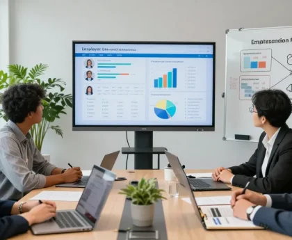 Fachleute bei der Bewertung einer Firma analysieren anonymes Feedback und Leadership-Strategien.