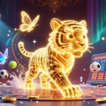 Experience the thrill of s8tv with a vibrant 3D digital casino scene featuring a golden tiger and sports balls.