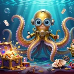 Experience the vibrant undersea world with hay featuring a kraken and a diving cat in this 3D casino scene.
