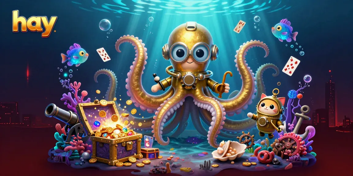 Experience the vibrant undersea world with hay featuring a kraken and a diving cat in this 3D casino scene.