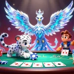 Engage in thrilling poker action with jun888, featuring an ice phoenix and vibrant casino elements.
