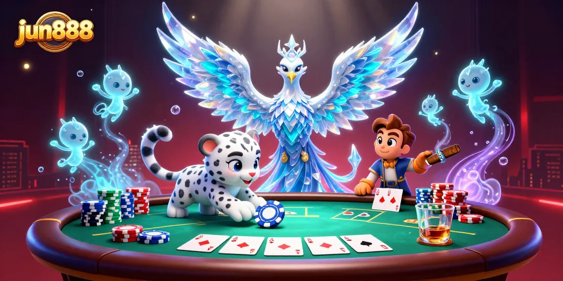 Engage in thrilling poker action with jun888, featuring an ice phoenix and vibrant casino elements.