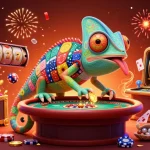 Engage with Fun88's exhilarating casino experience featuring a vibrant chameleon, slot reels, and dynamic game elements.